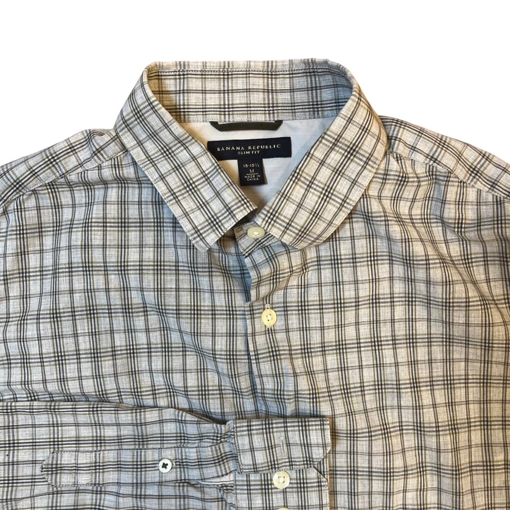 Banana Republic Button Down Shirt Mens Medium Grey‎ Plaid Slim Fit Long Sleeve
